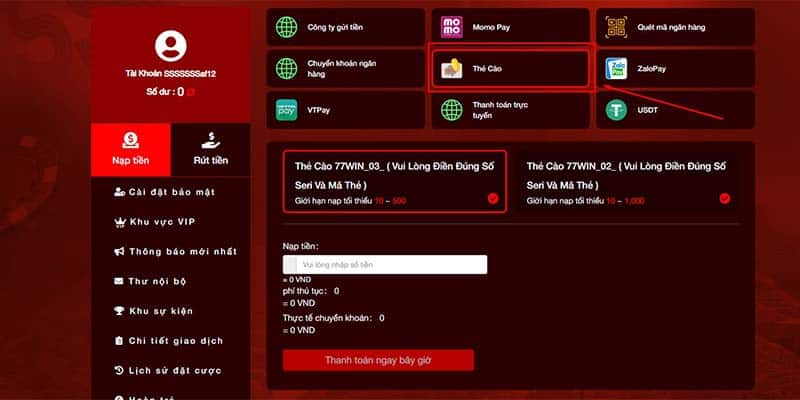 Nạp tiền 77WIN bằng Thẻ cào điện thoại